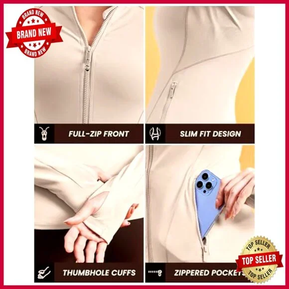 Slim Fit Zip Up Athletic Jacket with Thumb Holes for Running Gym